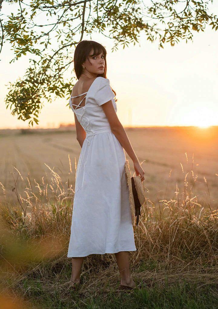 Marcelle Bağcıklı Sırt Detaylı Düğmeli Midi Elbise