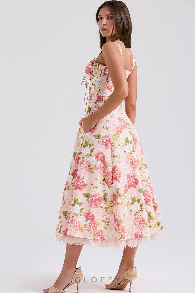 Celestina Gül Bahçesi Korse Detaylı Midi Elbise