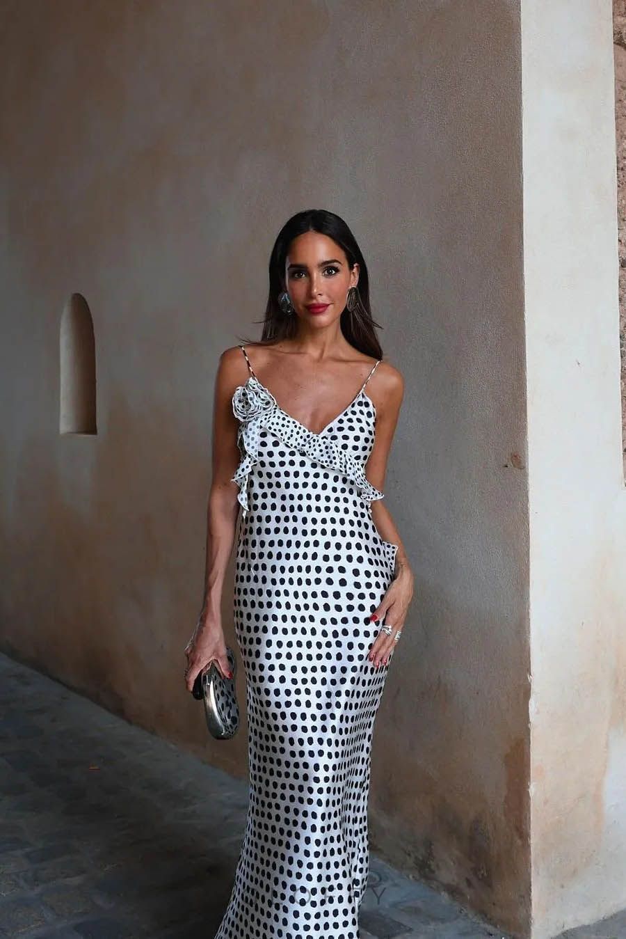 Fantasy Puantiyeli Desenli Güpür Fırfırlı Askılı Maxi Elbise