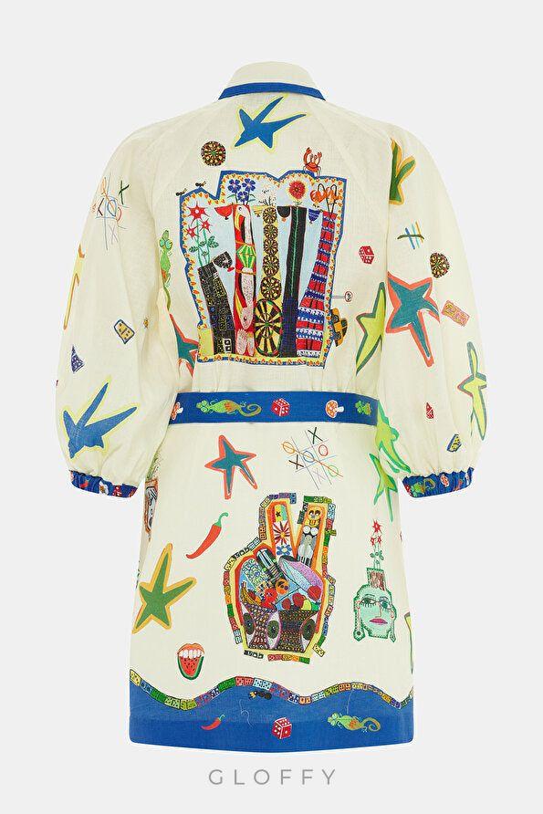 Valence Balon Kol Baskılı Mini Elbise