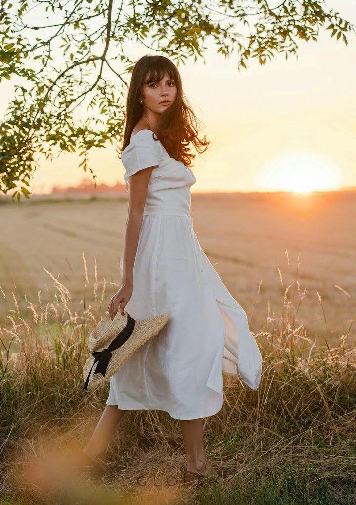 Marcelle Bağcıklı Sırt Detaylı Düğmeli Midi Elbise