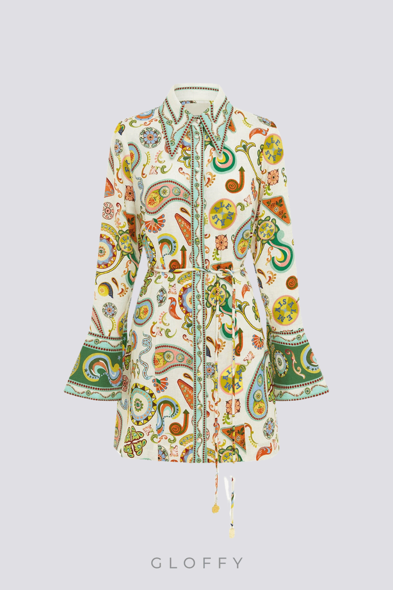 Aimeé Uzun Kollu Paisley Mini Elbise