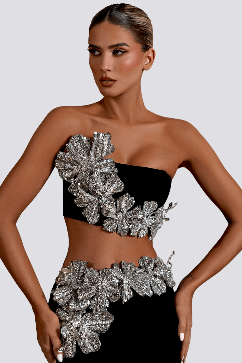 Allese Straplez Çiçekli Taşlı Takım