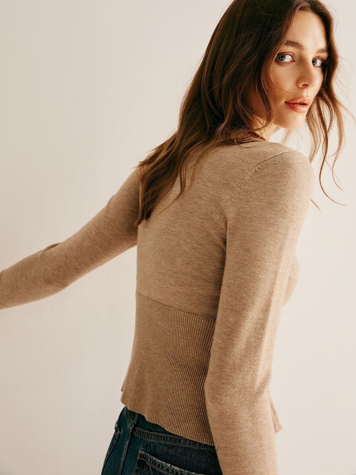 Düğmeli İnce Fitilli Triko Hırka – Bej