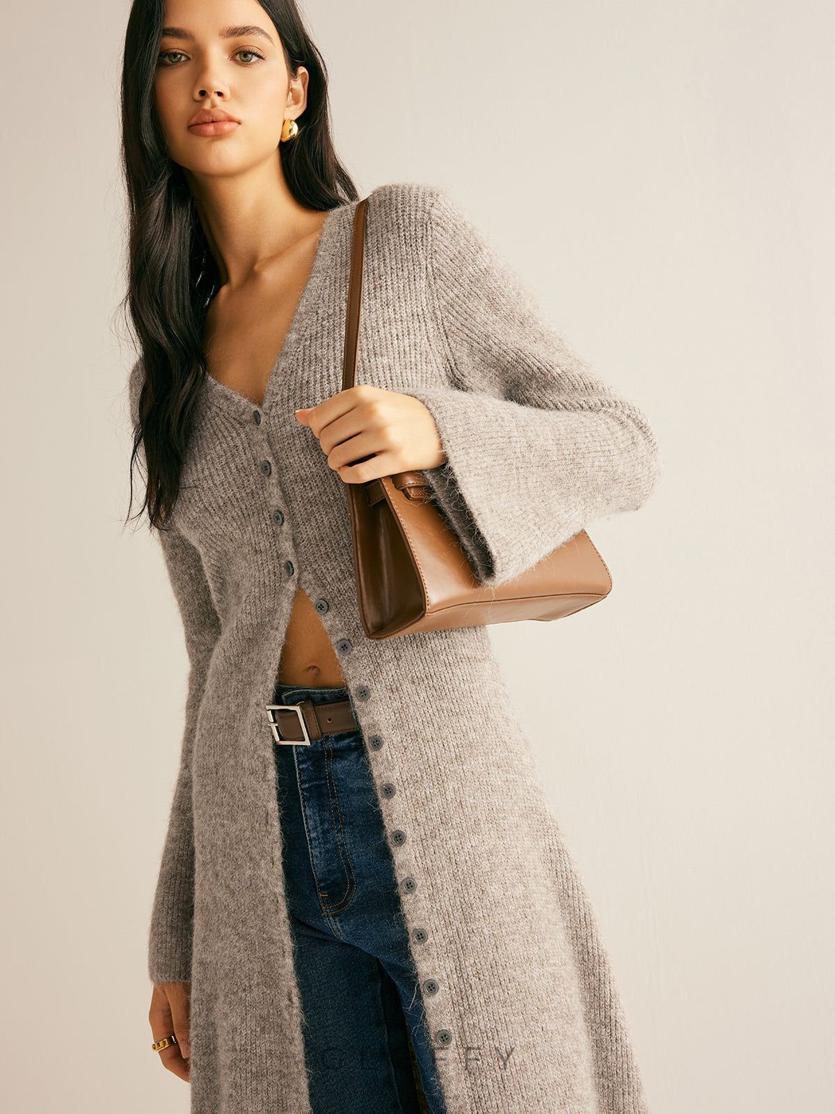 Uzun Düğmeli Triko Hırka – Gri