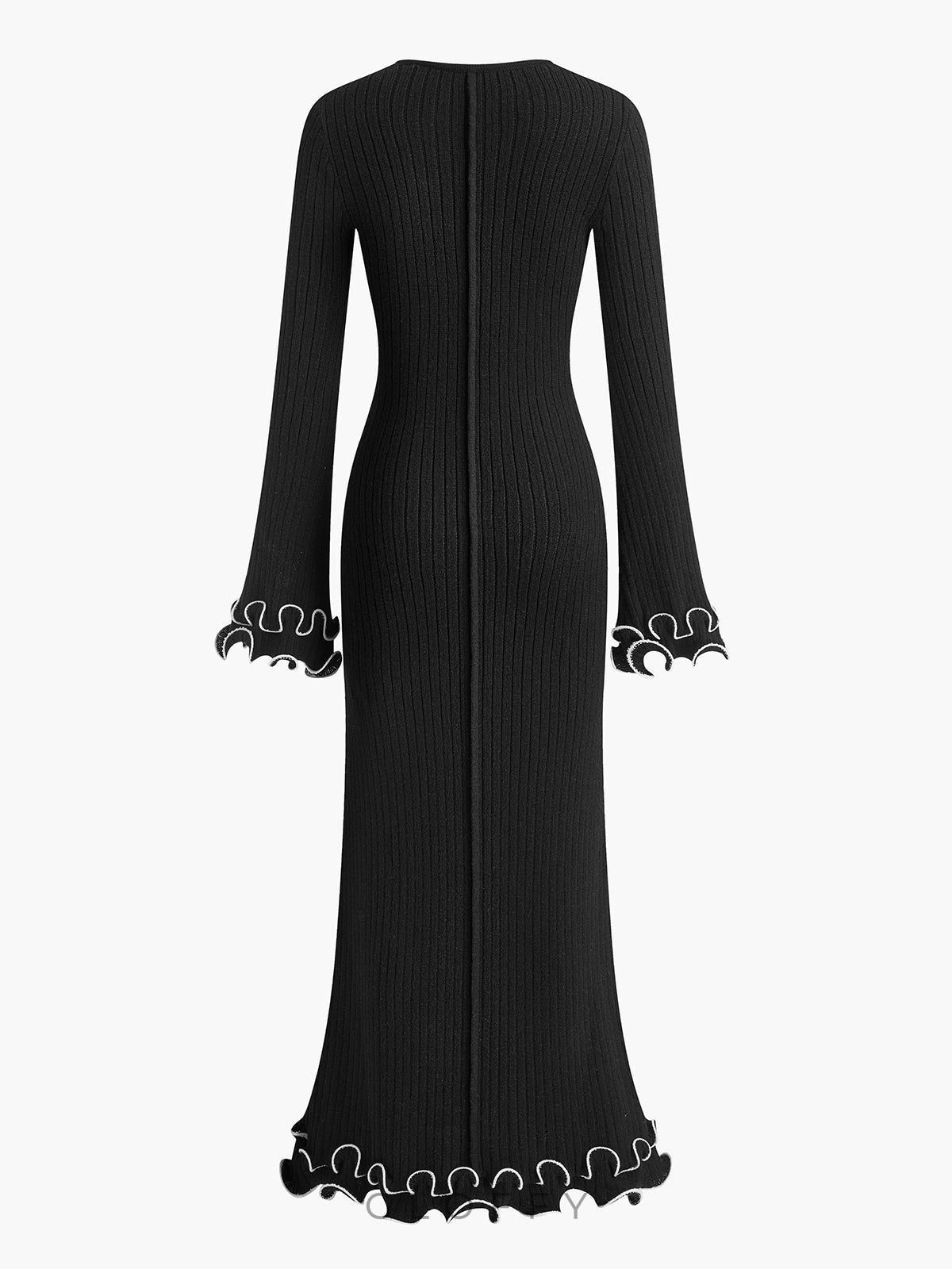 Elowen Biyeli Fırfır Detaylı Triko Maxi Elbise