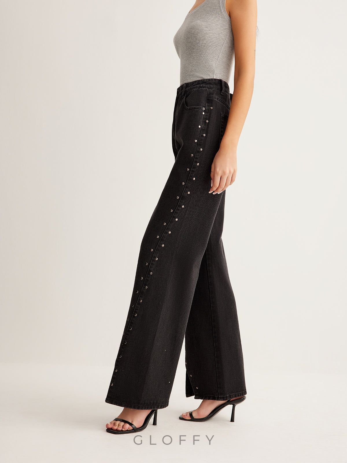 Studded Geniş Paça Denim Jeans