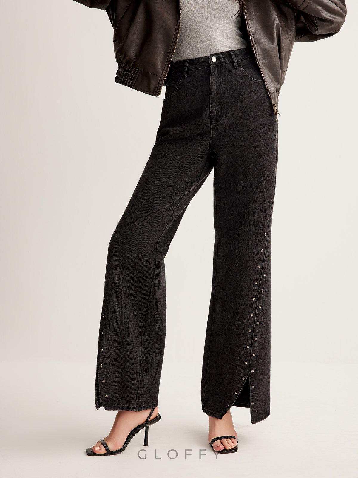 Studded Geniş Paça Denim Jeans