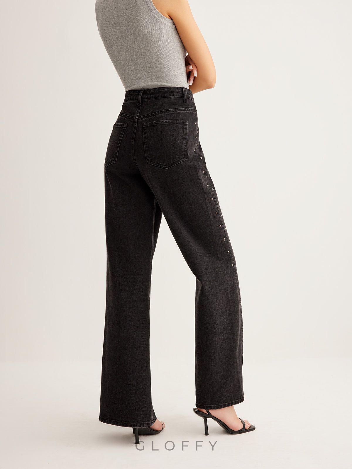 Studded Geniş Paça Denim Jeans