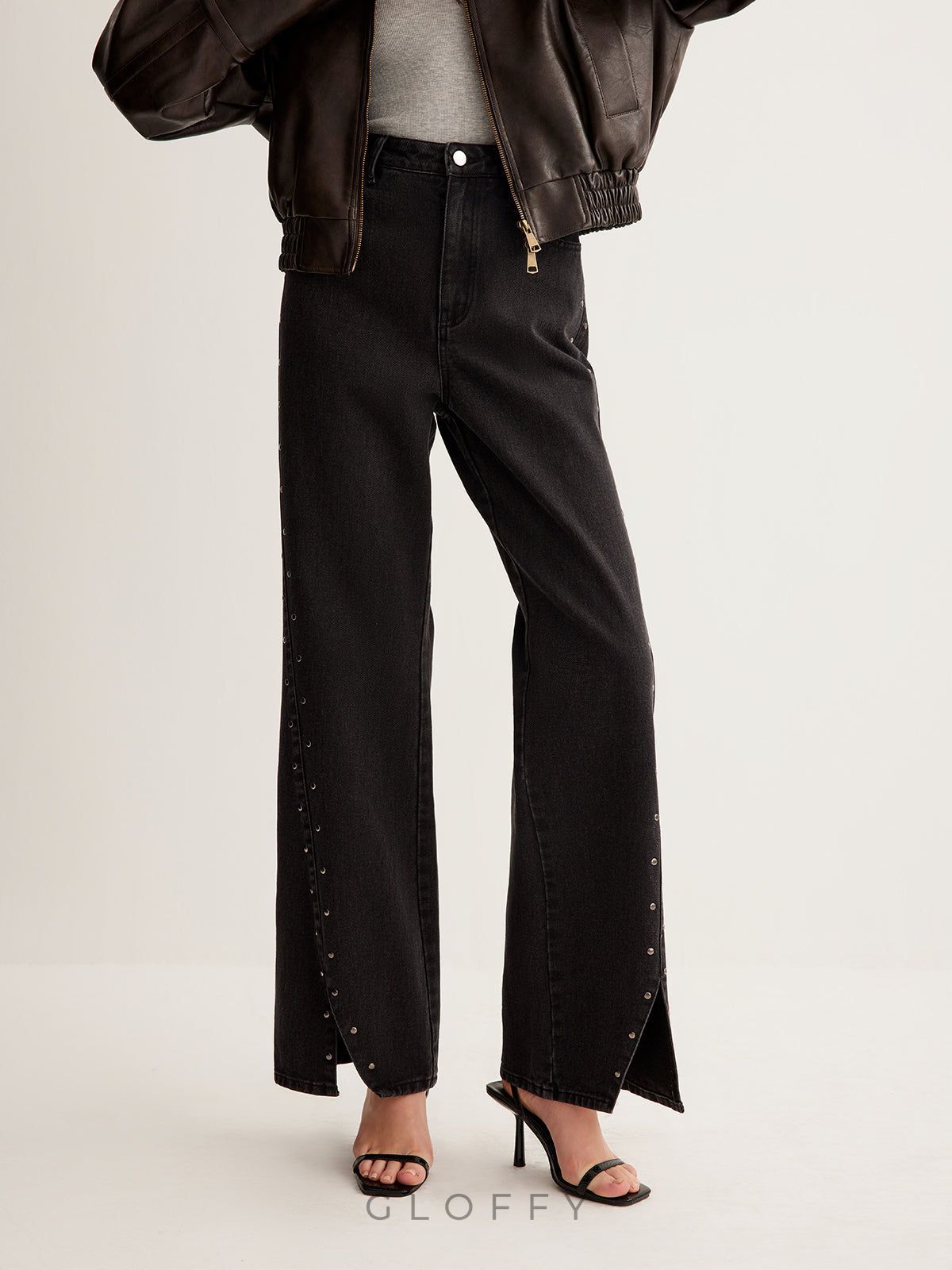 Studded Geniş Paça Denim Jeans