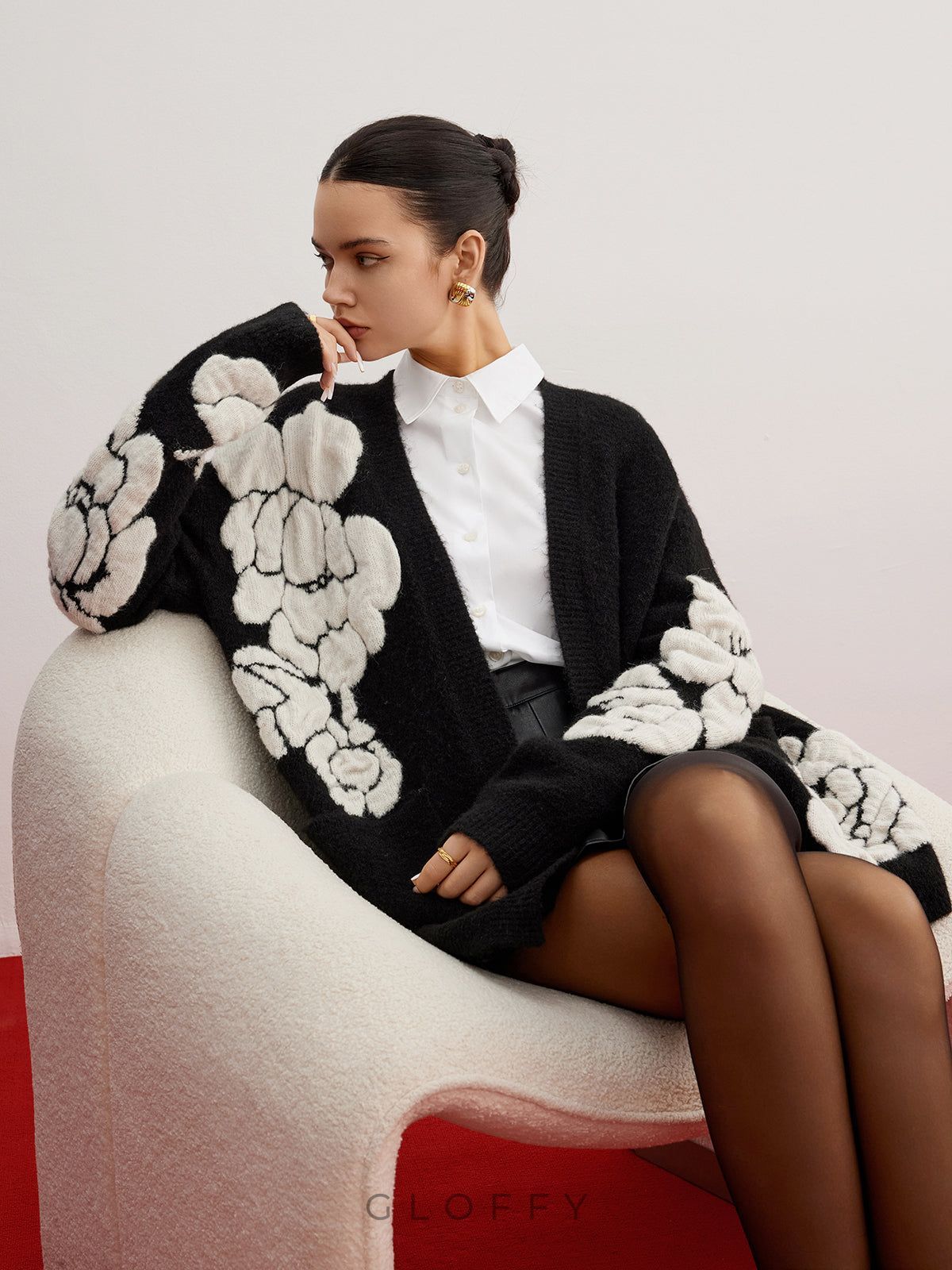 Aurevina Yün Dokulu Floral Triko Hırka