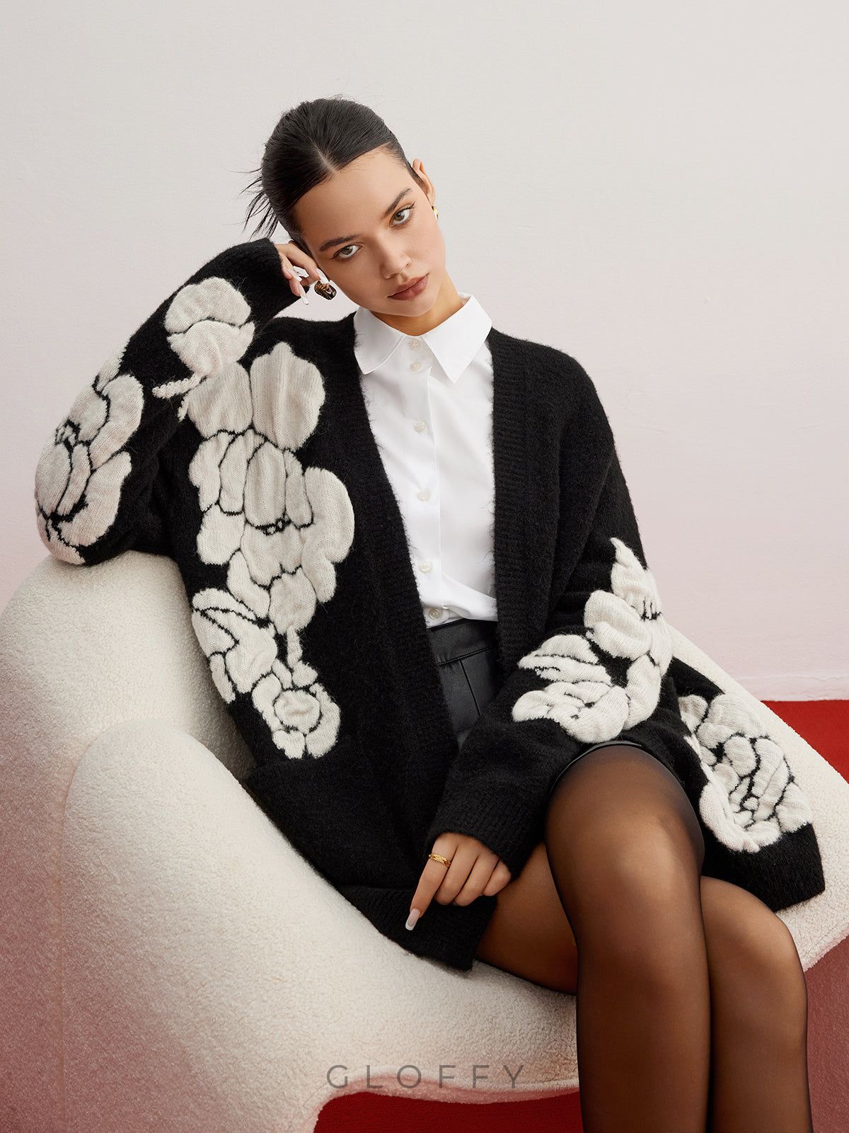 Aurevina Yün Dokulu Floral Triko Hırka