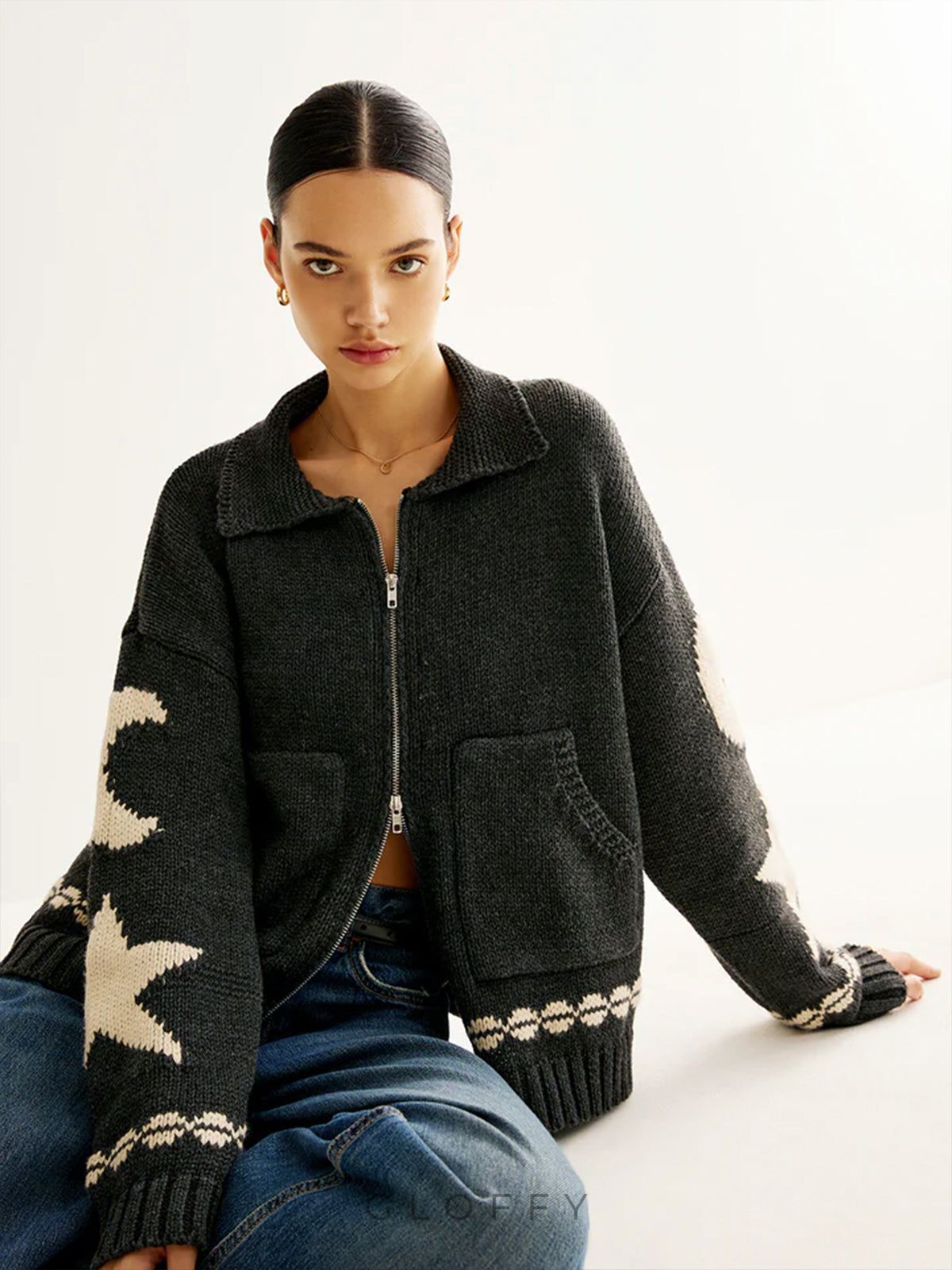 Fermuarlı Desenli Oversize Hırka – Antrasit