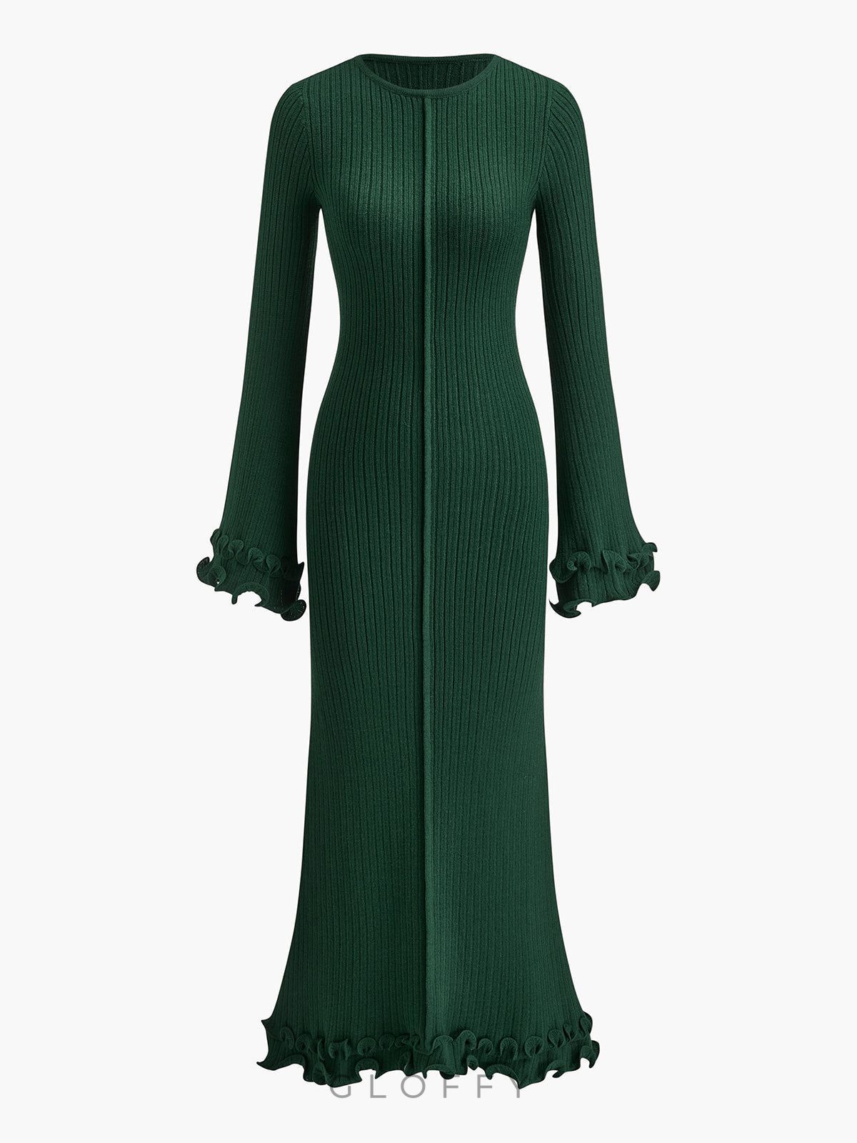 Elowen Biyeli Fırfır Detaylı Triko Maxi Elbise