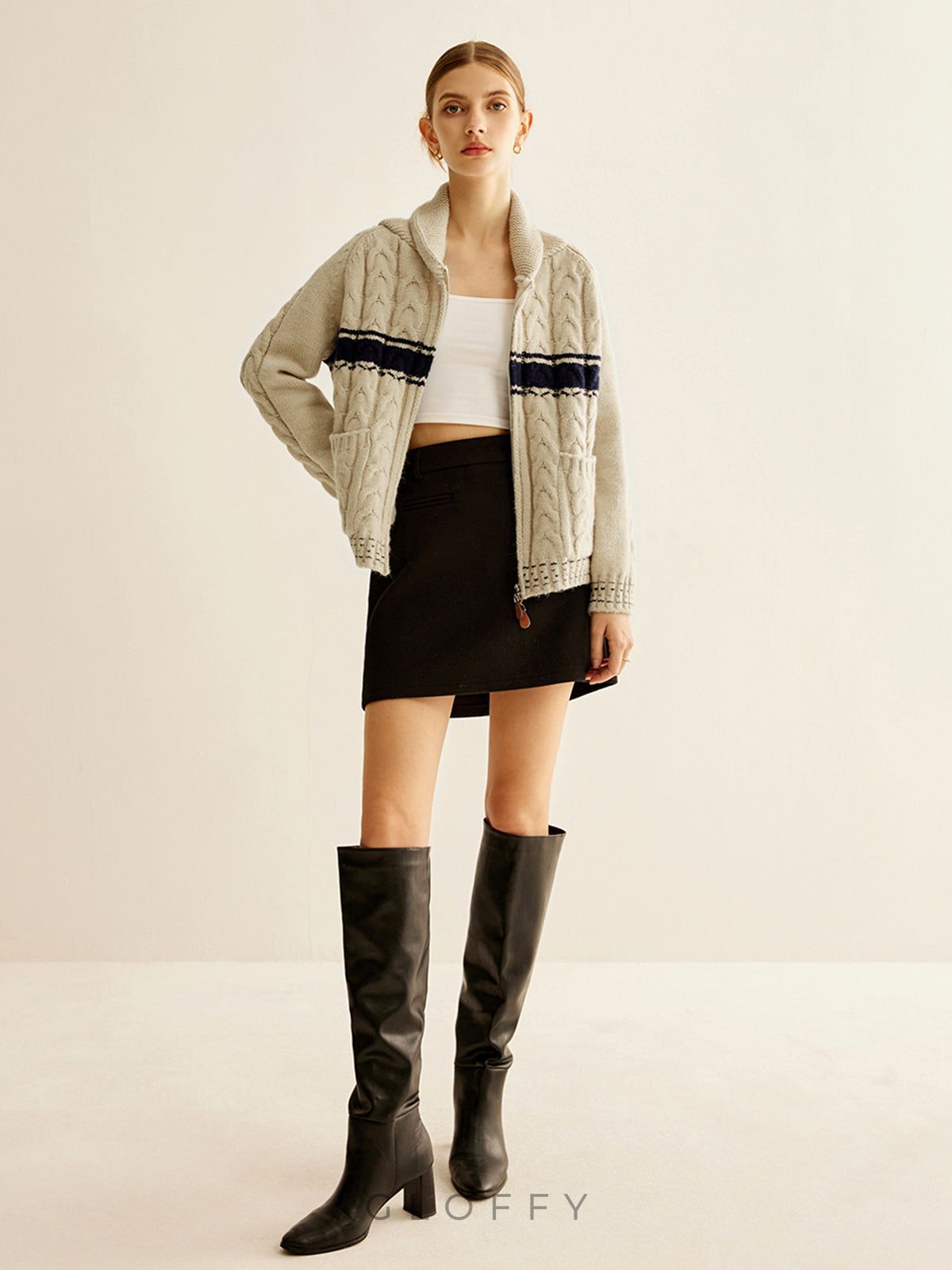 Fermuarlı Örgü Hırka - Bej Lacivert