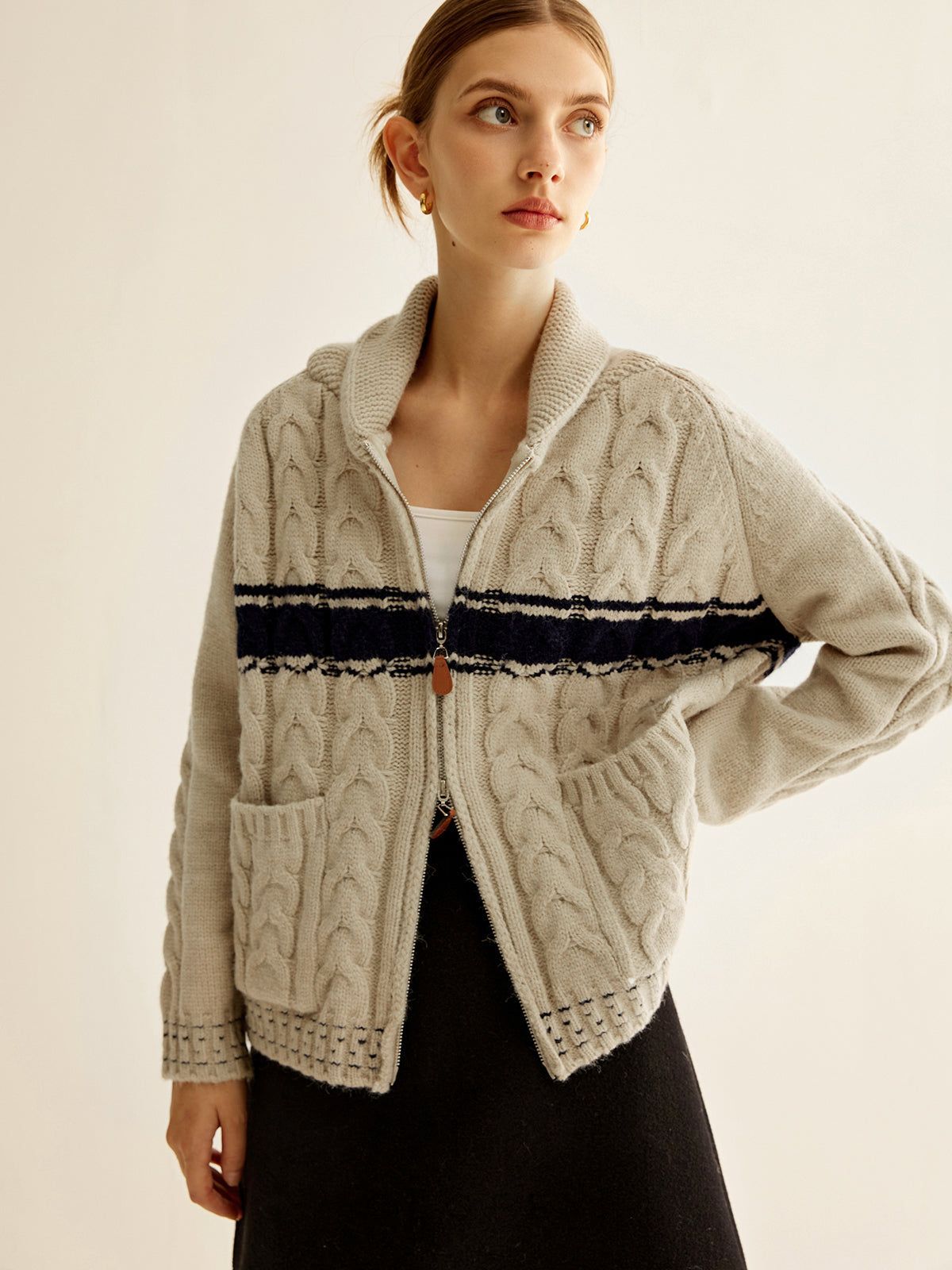 Fermuarlı Örgü Hırka - Bej Lacivert