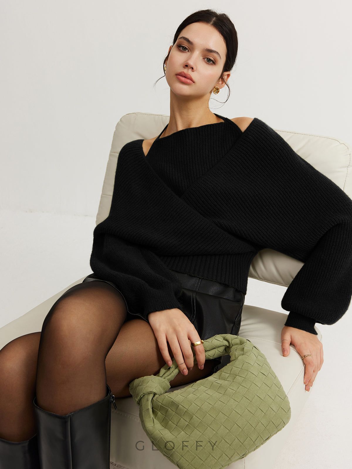 Oversize V Yakalı Kolları Balon Triko Kazak – Haki