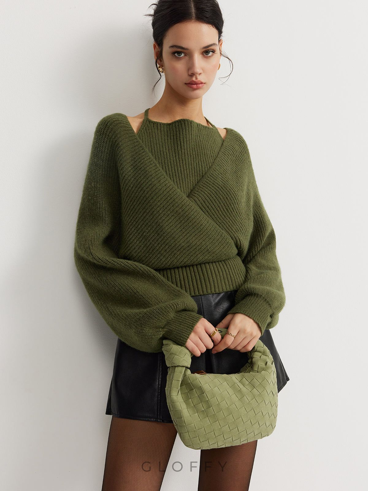 Oversize V Yakalı Kolları Balon Triko Kazak – Haki