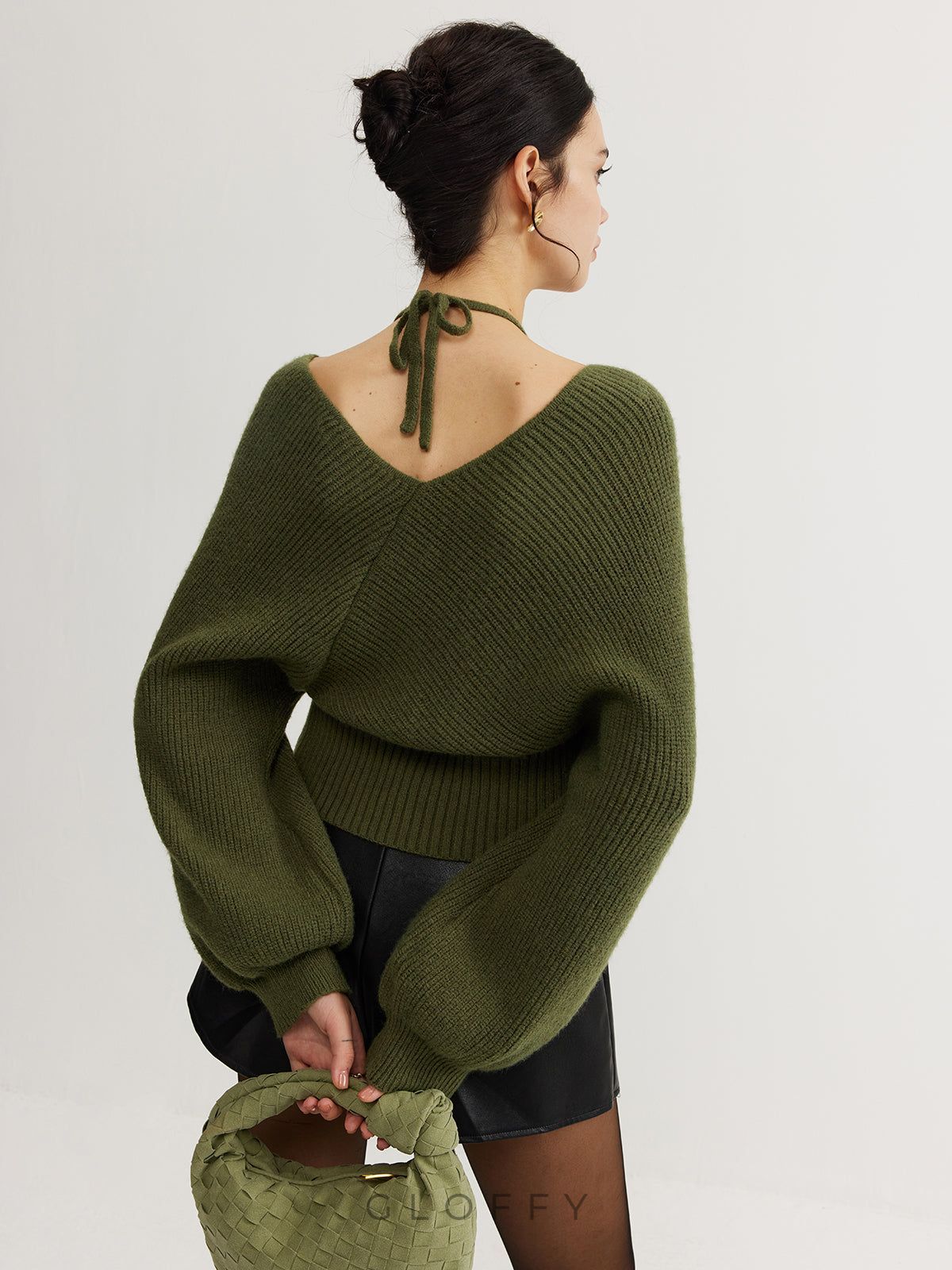 Oversize V Yakalı Kolları Balon Triko Kazak – Haki