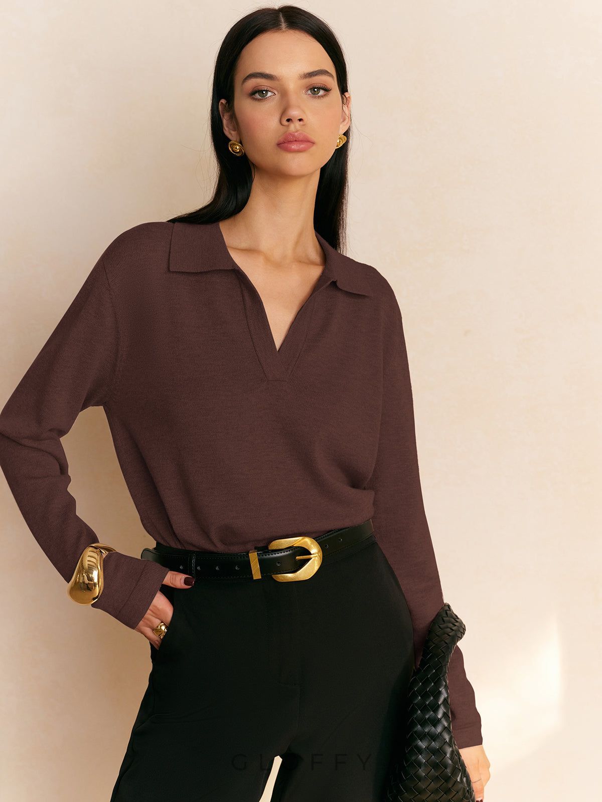 V Yaka Polo Yaka İnce Triko Kazak – Vizon