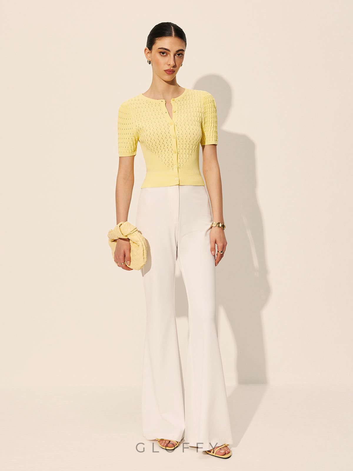 Düğmeli Ajurlu Kısa Kollu Triko Bluz – Sarı