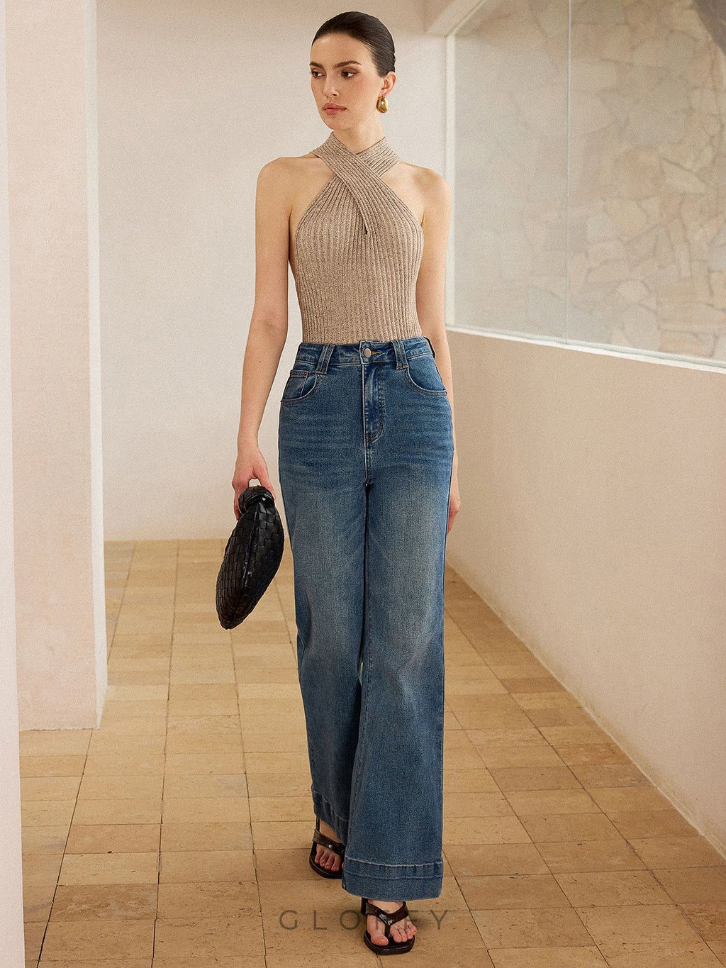 Askılı Fitilli Örme Halter Yaka Triko Bluz – Bej