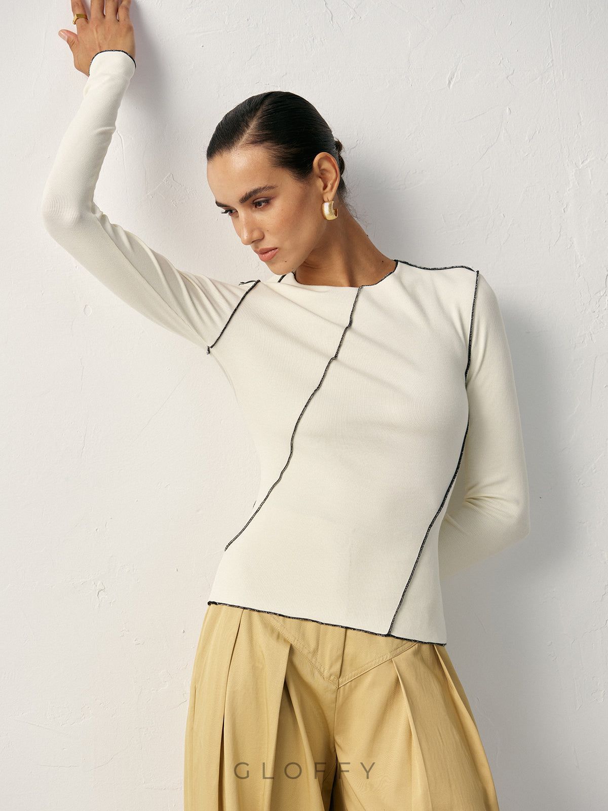 Dikiş Detaylı Viskon Sigaret Kesim Bluz – Ekru