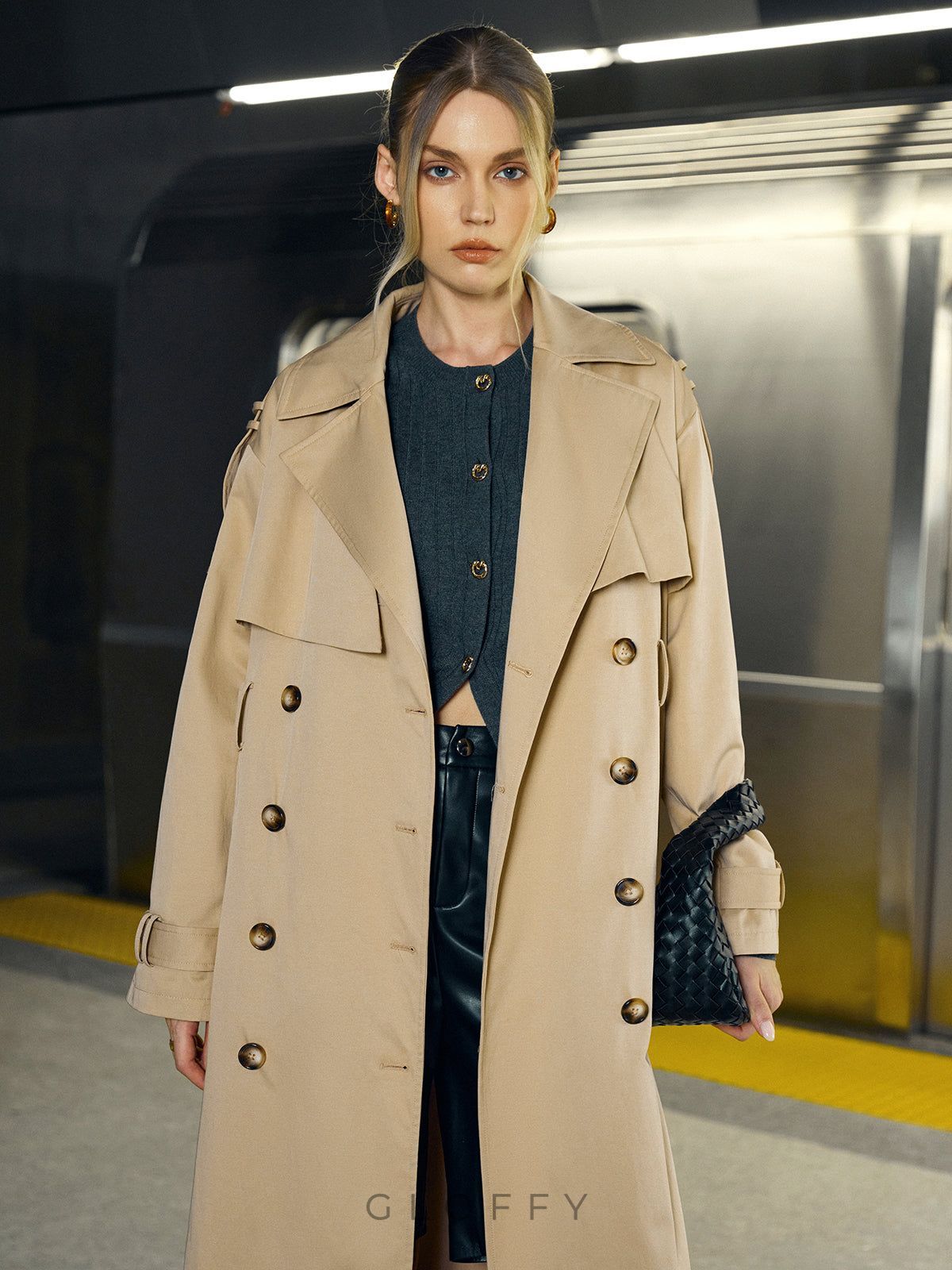 Pamuk Karışımlı Çift Düğmeli Kuşaklı Uzun Trençkot