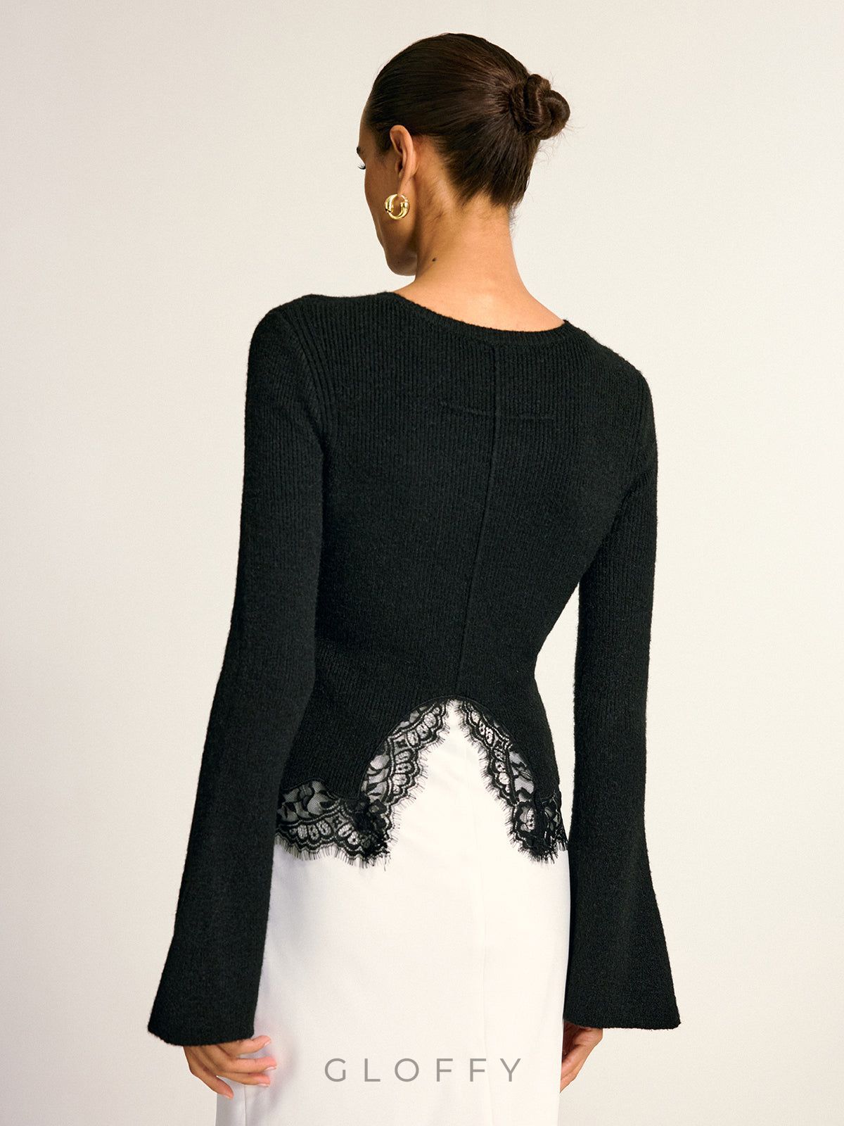 Klasik Fitilli Dantel Detaylı Uzun Kollu Siyah Triko Bluz