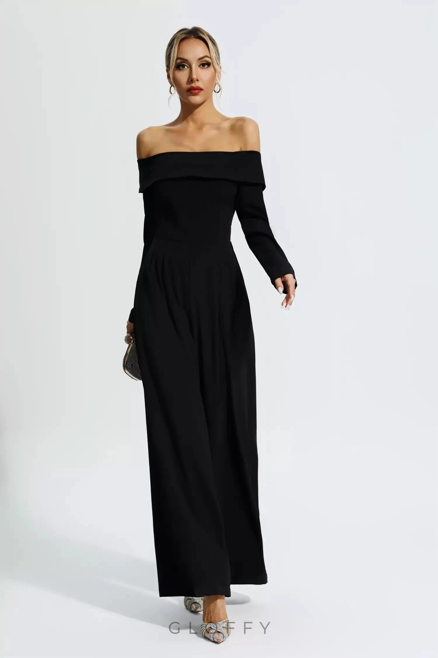 Cassidy Siyah Off-Shoulder Drapeli Tulum