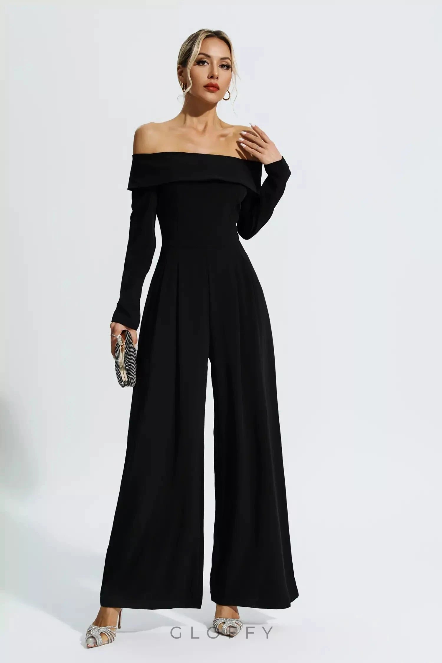 Cassidy Siyah Off-Shoulder Drapeli Tulum