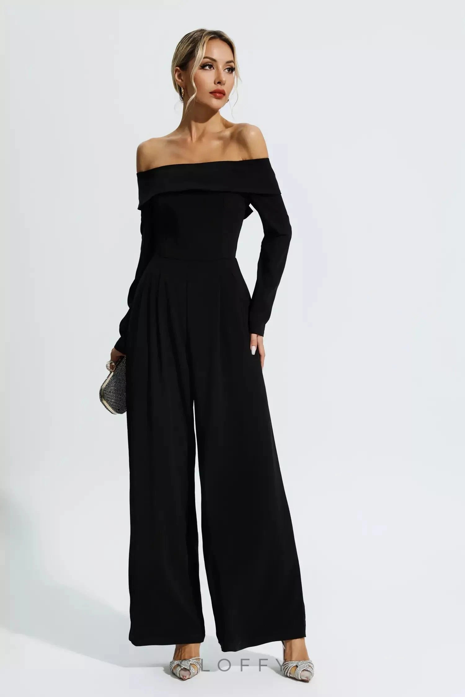 Cassidy Siyah Off-Shoulder Drapeli Tulum