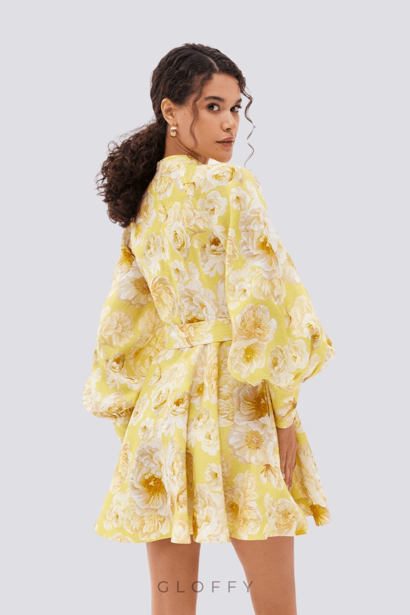 Cassiopeia Balon Kol Çiçekli Mini Elbise