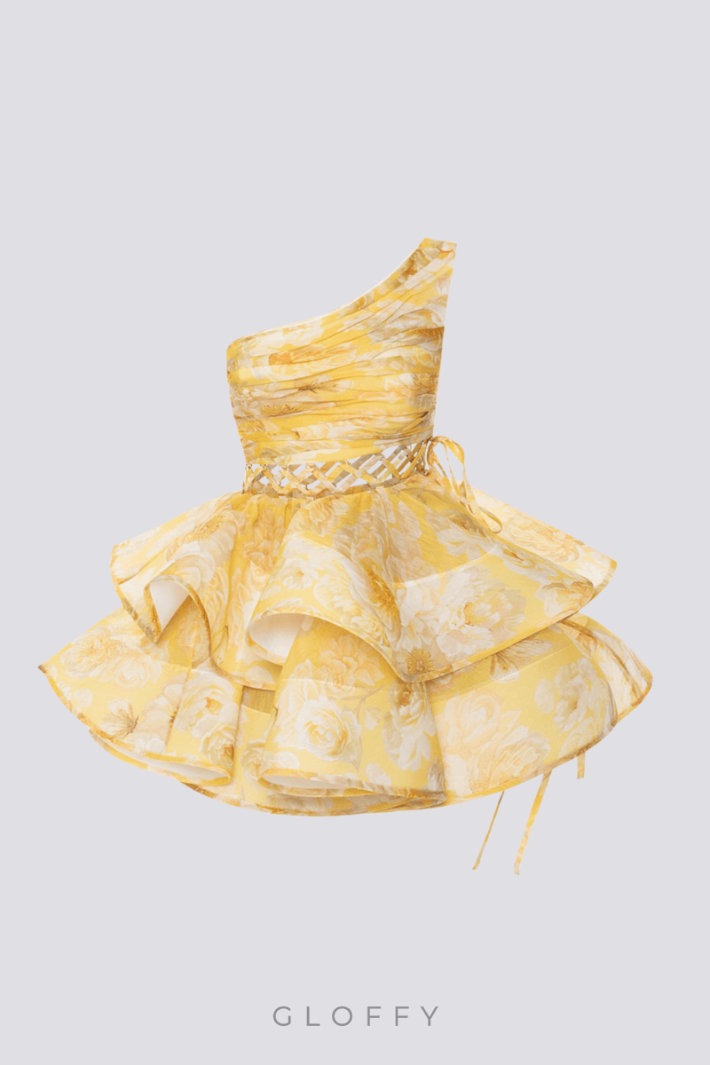 Cora Tek Omuzlu Fırfırlı Kesim Mini Elbise Sarı