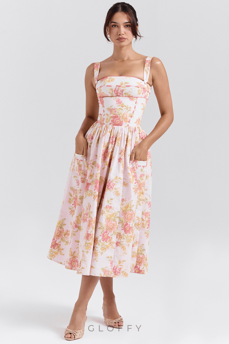 Cybèle Şeftali Gelincik Desenli Midi Elbise