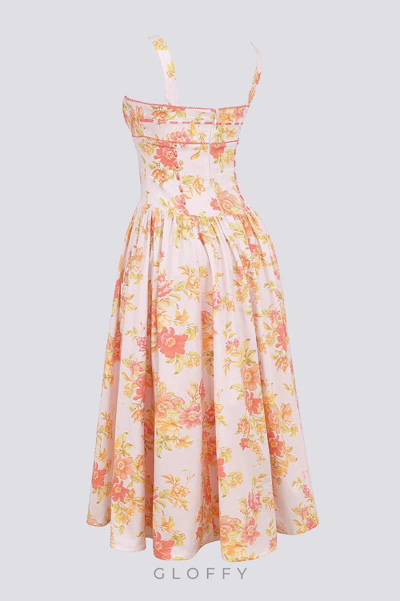 Cybèle Şeftali Gelincik Desenli Midi Elbise