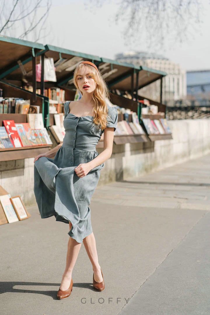 Marcelle Bağcıklı Sırt Detaylı Düğmeli Midi Elbise