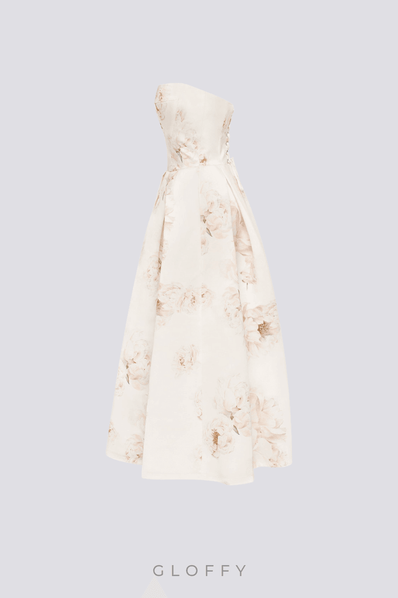 Florencia Straplez Çiçek Desenli Midi Elbise