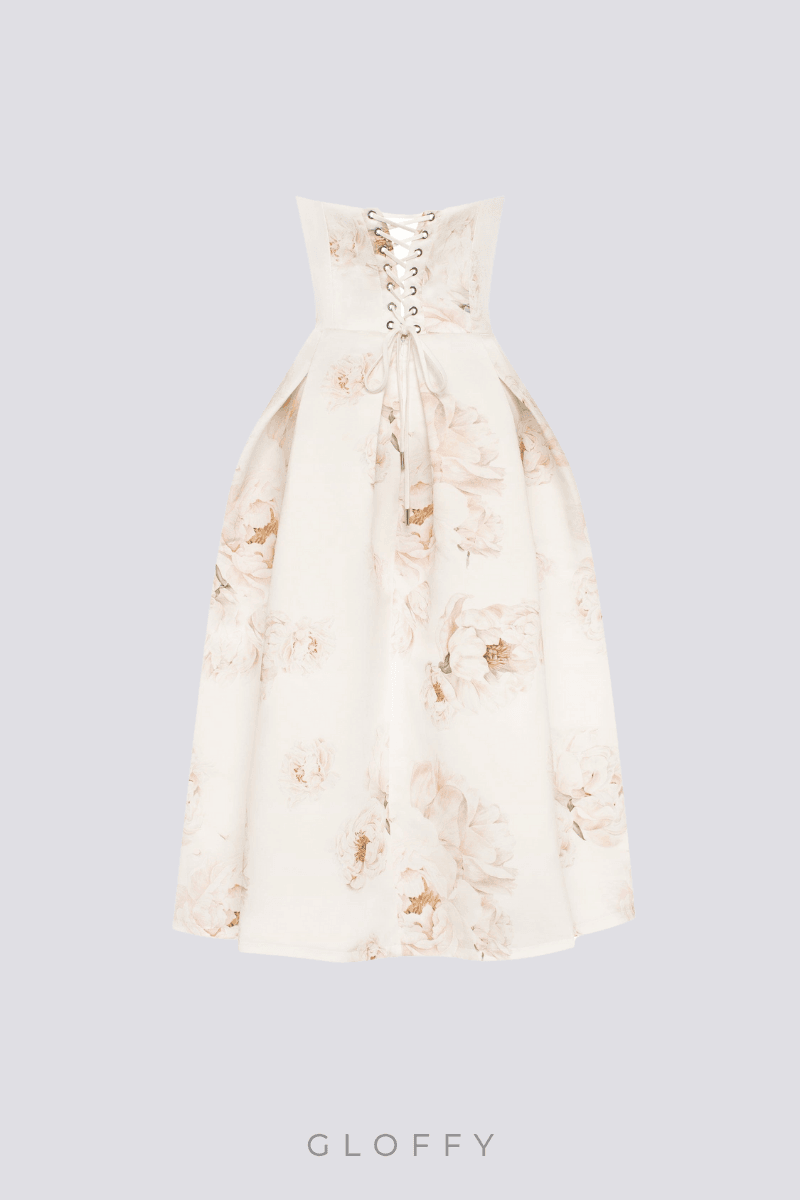 Florencia Straplez Çiçek Desenli Midi Elbise