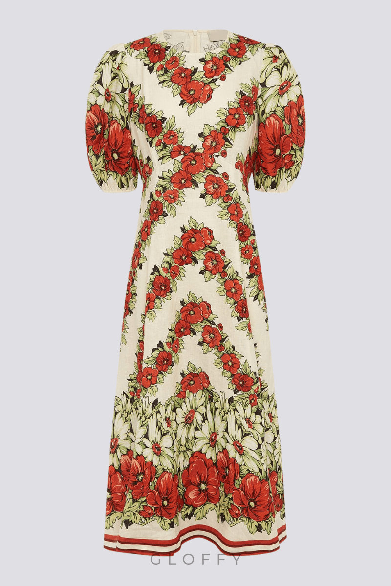 Rosalinde Yuvarlak Yaka Çiçekli Uzun Elbise Kırmızı