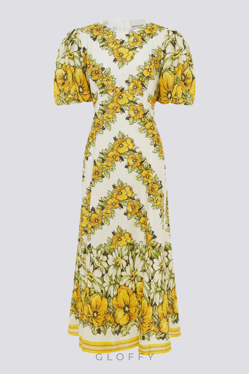 Rosalinde Yuvarlak Yaka Çiçekli Uzun Elbise Sarı