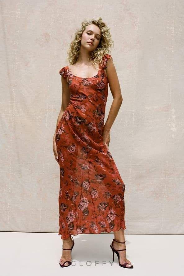 Alison Çiçek Baskılı U Yaka Uzun Elbise