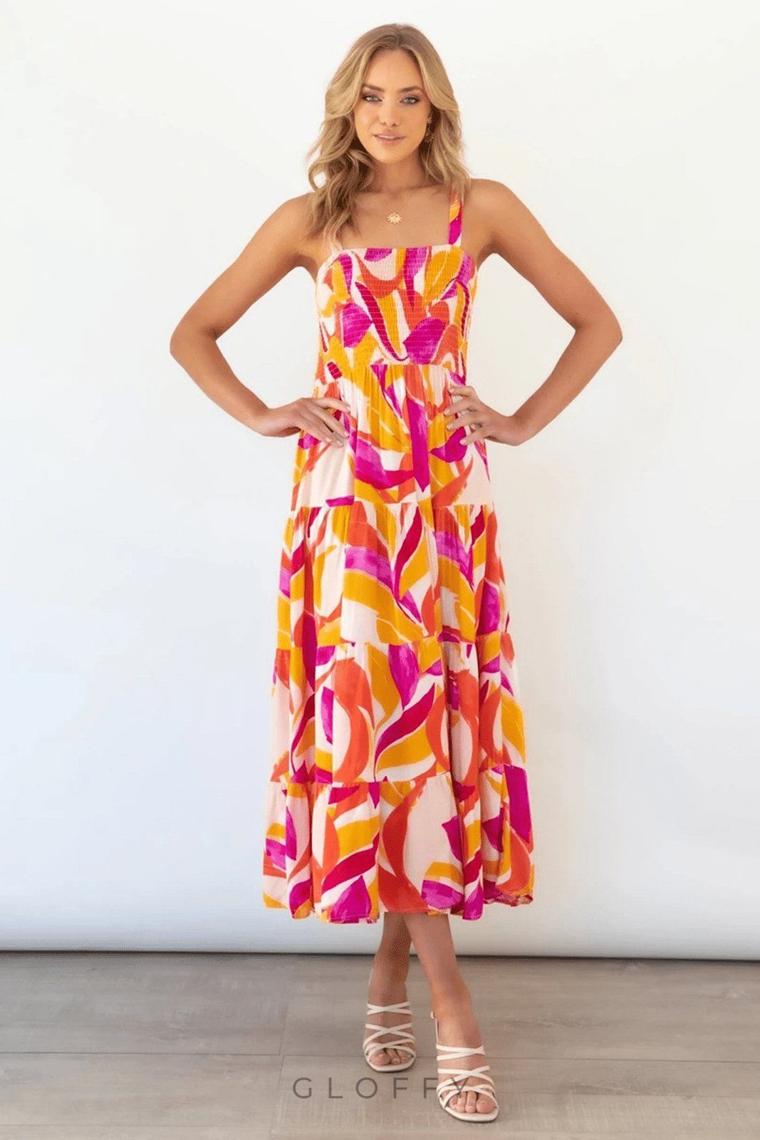 Andrea Baskılı Büzgülü Korse Katlı Maxi Sundress