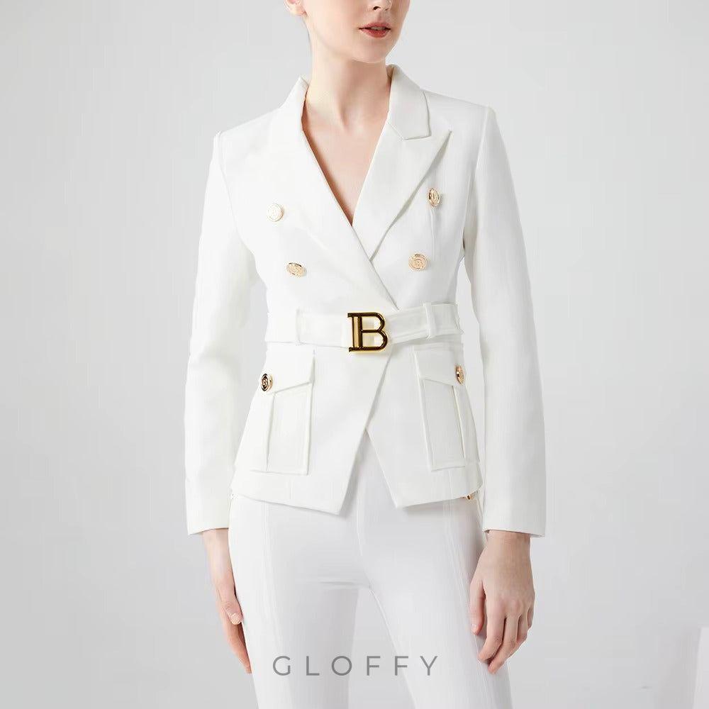 Cassandre Gold Düğme Detaylı Kemer Tokalı Blazer Ceket