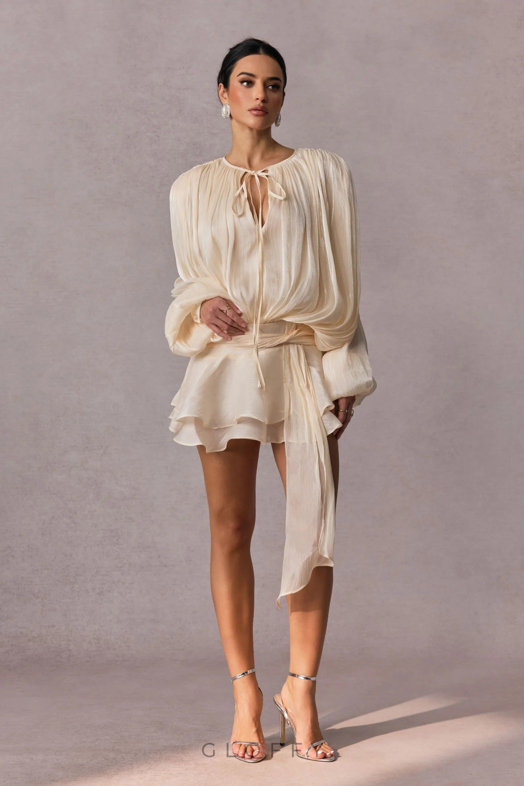 Gloffy Drapeli Volanlı Pileli Mini Elbise