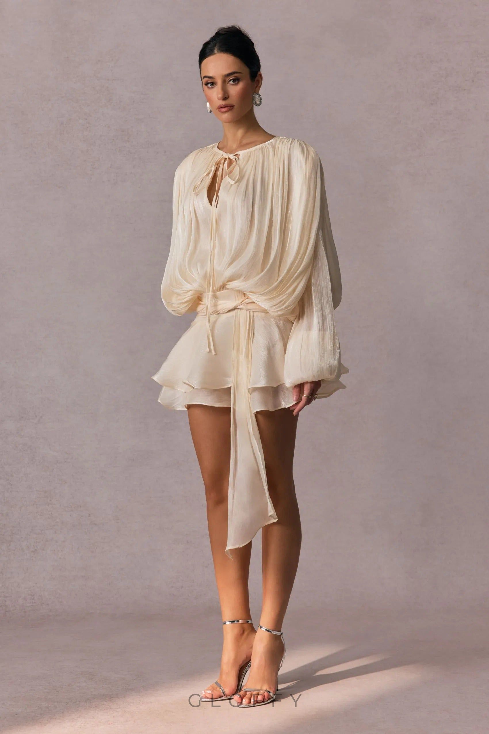 Gloffy Drapeli Volanlı Pileli Mini Elbise