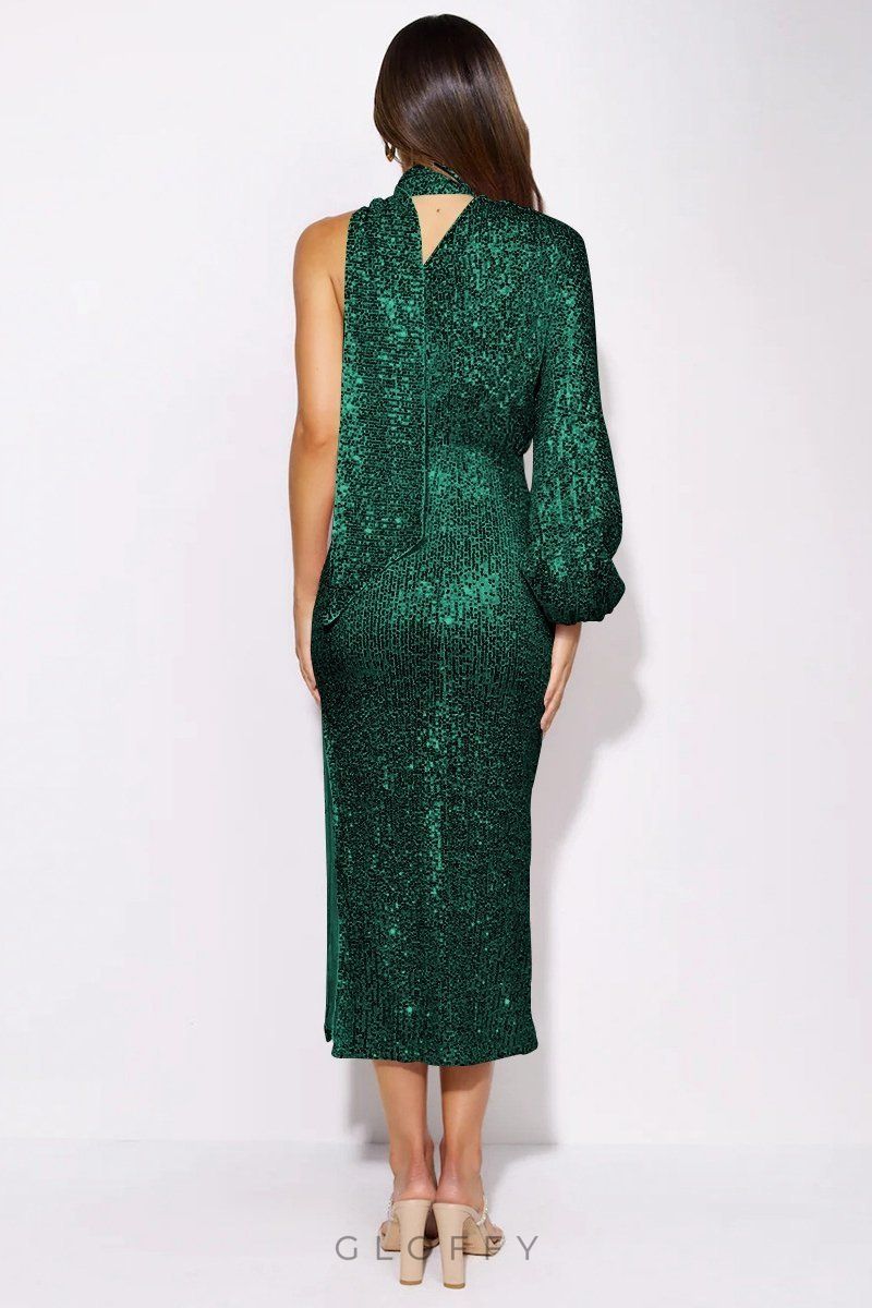 Judith Sequins Halter Yaka Asimetri Midi Elbise