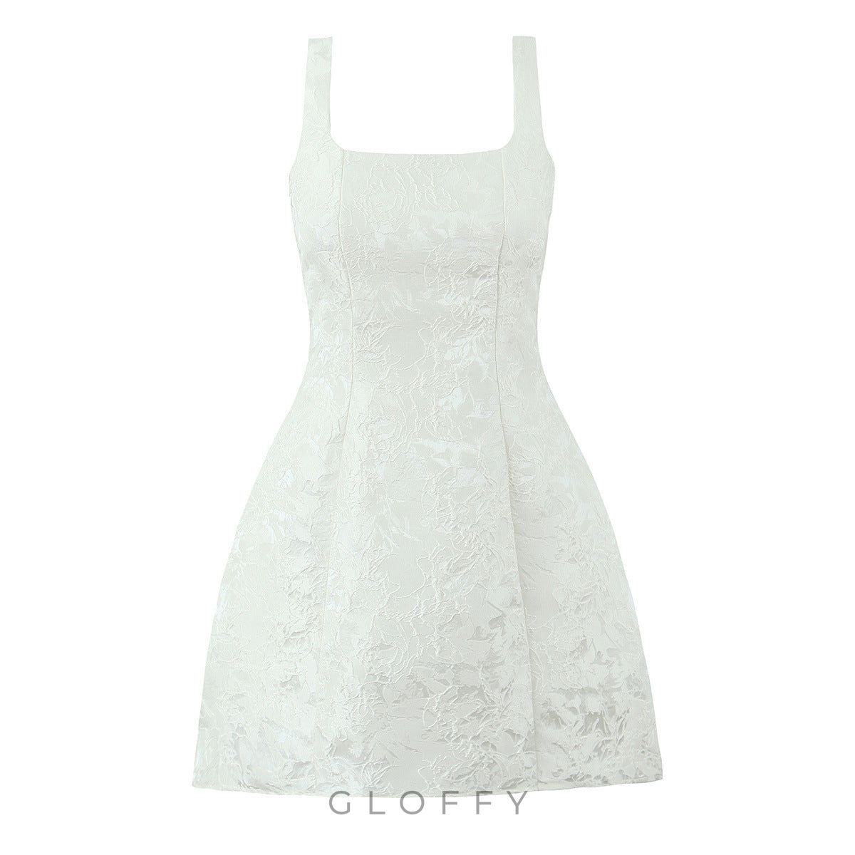 Çekici Çiçek Desenli Jakarlı Abiye Kare Yaka Elbise