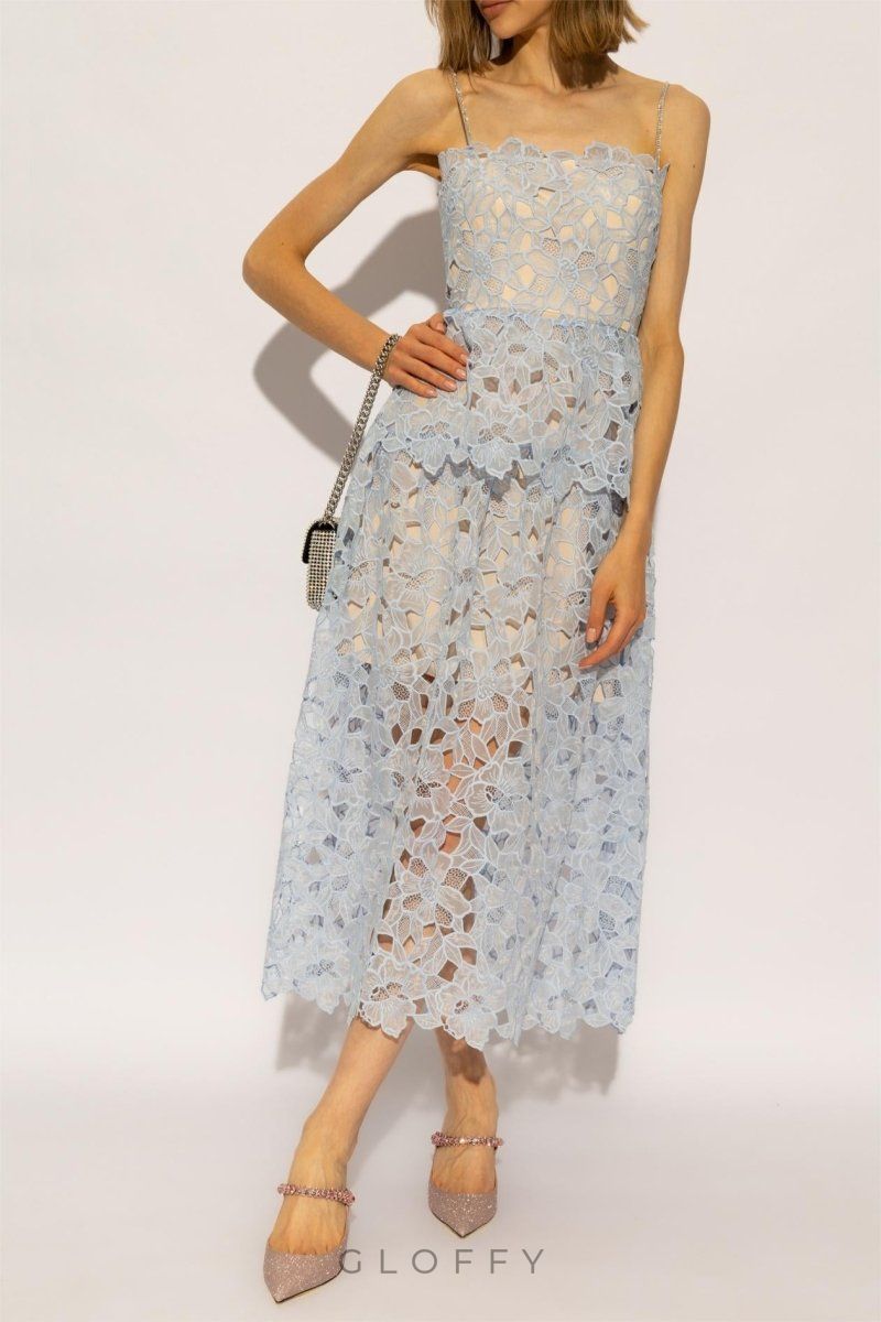 Ophelia Dantel Katmanlı Askılı Midi Elbise