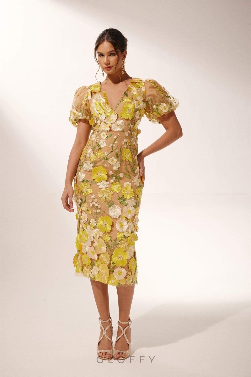Sally V yakalı çiçekli midi elbise